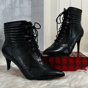 Nine West Leather Lace-up Retro Granny Moto Ankle Stiletto Heeled Boots 5.5 NWOT